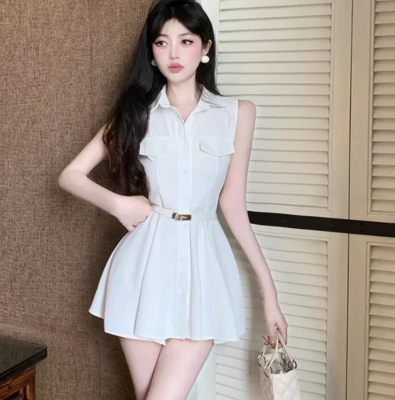 Gagarich French Tank Top Shirt Dress Women 2024 Summer White Design Sense Niche Waist Small Figure A-line Short Vestidos