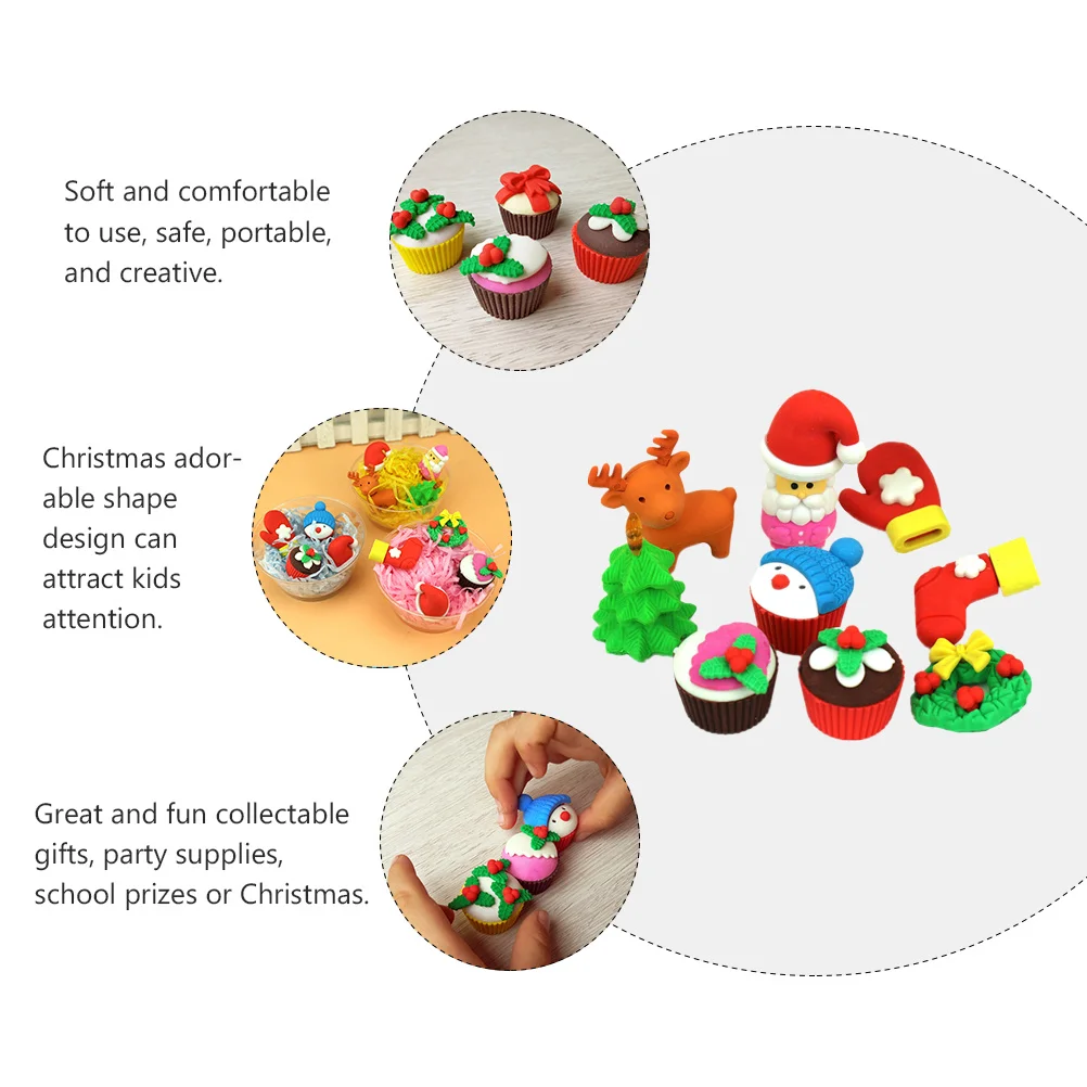 12 Uds. Borrador de Navidad de Papá Noel, lápiz de forma Adorable, borrador de goma, suministros de dibujo para estudiantes escolares, regalo para recoger regalo de Navidad
