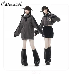 Japanese Daily Design Shorts Sets 2024 Autumn Fashion Long-sleeved Black and Gray Girl Hooded Jacket Shorts Womens Two-piece Set