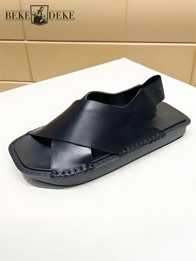 

Youth Trend Male Genuine Leather Platform Open Toe Slip On Sandals Comfortable Solid Color Cowhide Handmade Fashion Beach Shoes