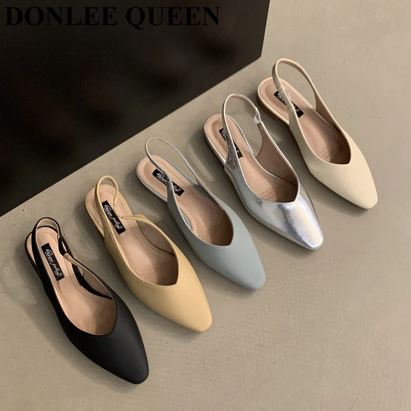 Fashion Pointed Toe Flats Shoes Women Slingback Sandals Elegant Mules Female Shallow Ballet Casual Loafers Sliver Zapatos  Mujer