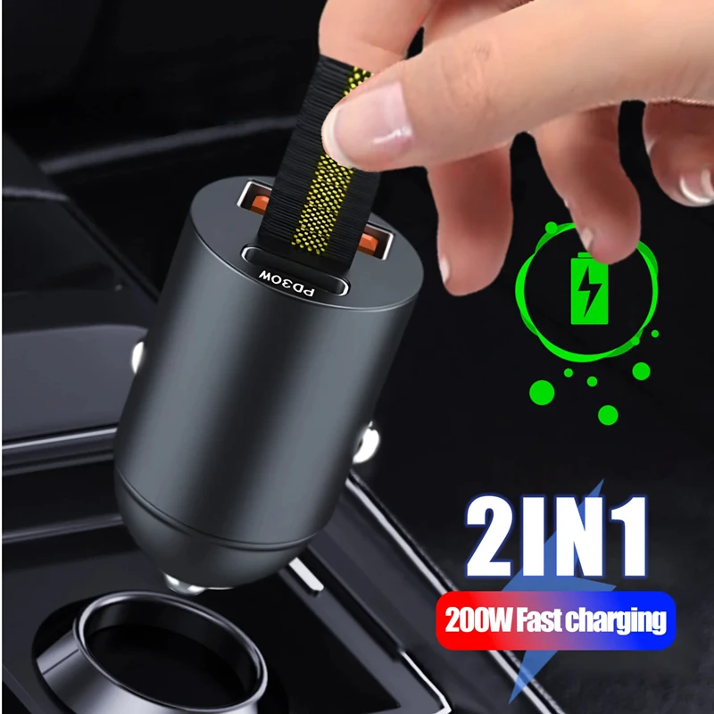 200W Mini USB Car Charger Super Fast Charging Type-C PD Quick Charge Car Phone Charger Adapter For iPhone 15 Huawei Samsung