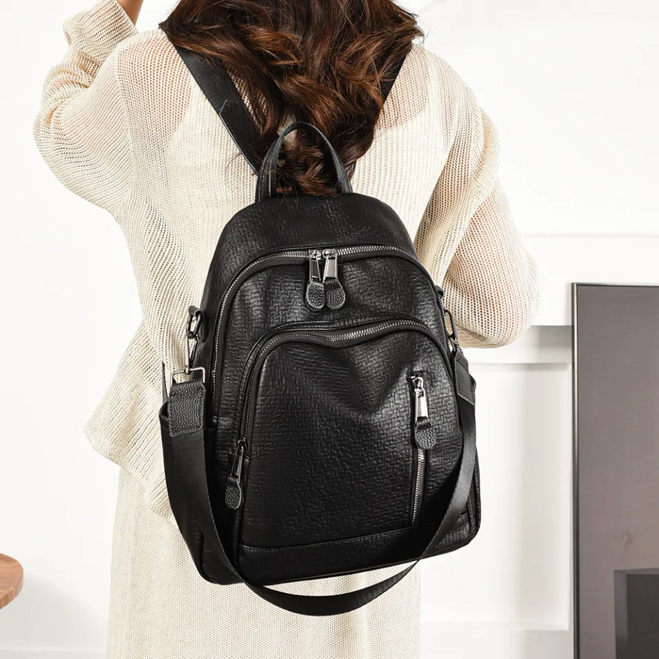 Fashion Multi Pocket Backpack Women Multifunctional Soft PU Leather Luxury Backpack Casual Anti Solid Color School Travel Bag