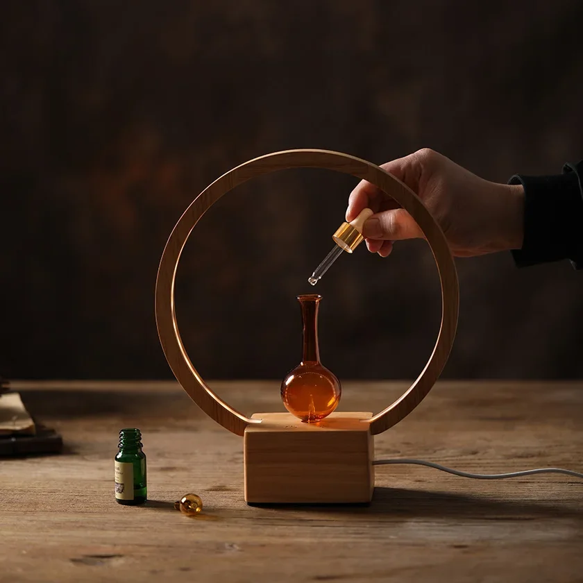 Circular LED Light, Wooden Base Decoration, Fragrance Diffuser, Waterless Glass Cold Fragrance Analyzer for Home Hotel Office