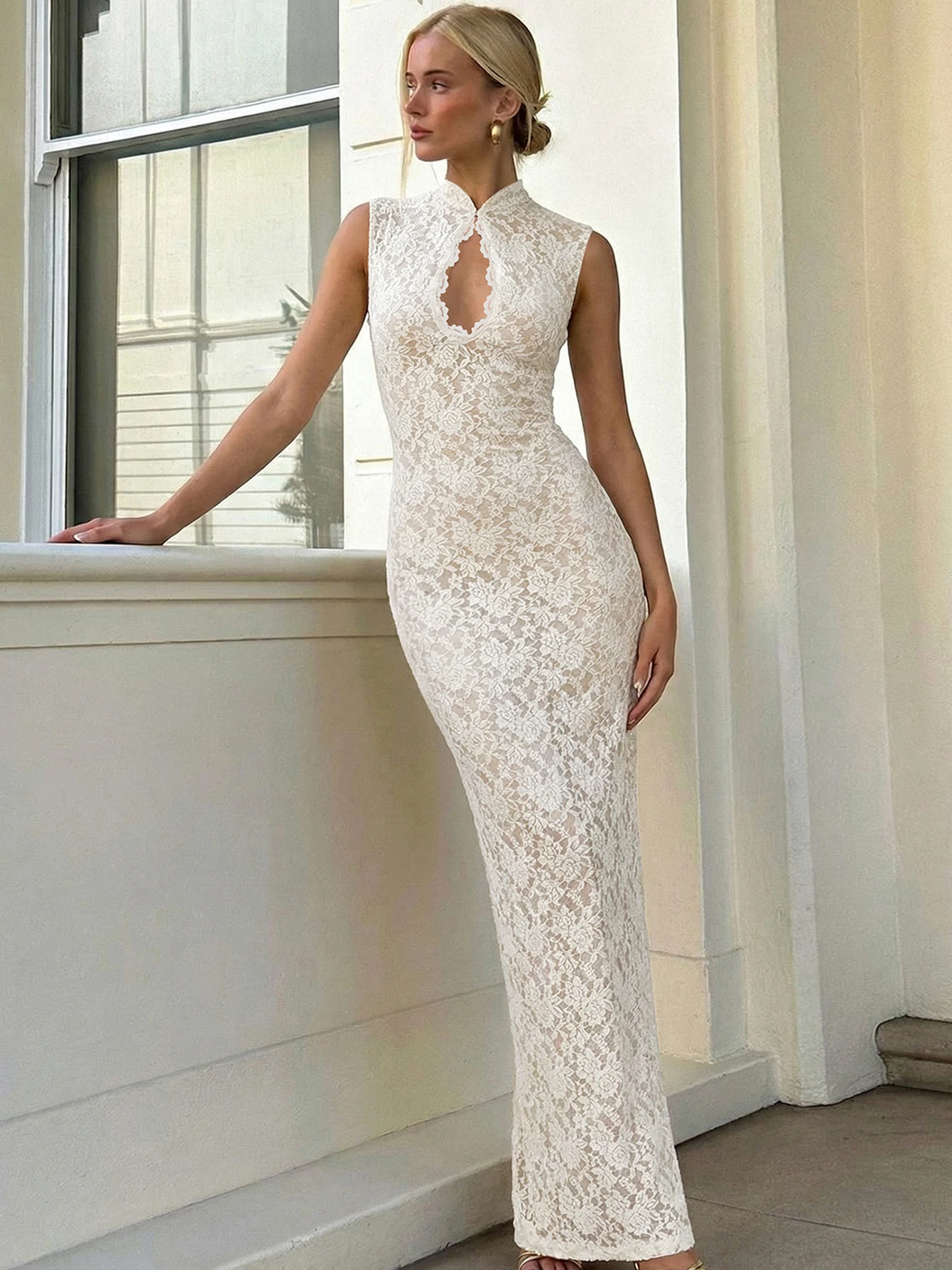 Hugcitar Blumendruck Ärmelloses Kleid mit Lochmuster, Spitze, Reißverschluss, sexy Schlitz, Maxikleid, Sommer, Damenmode, Outfit, Streetwear, Urlaub