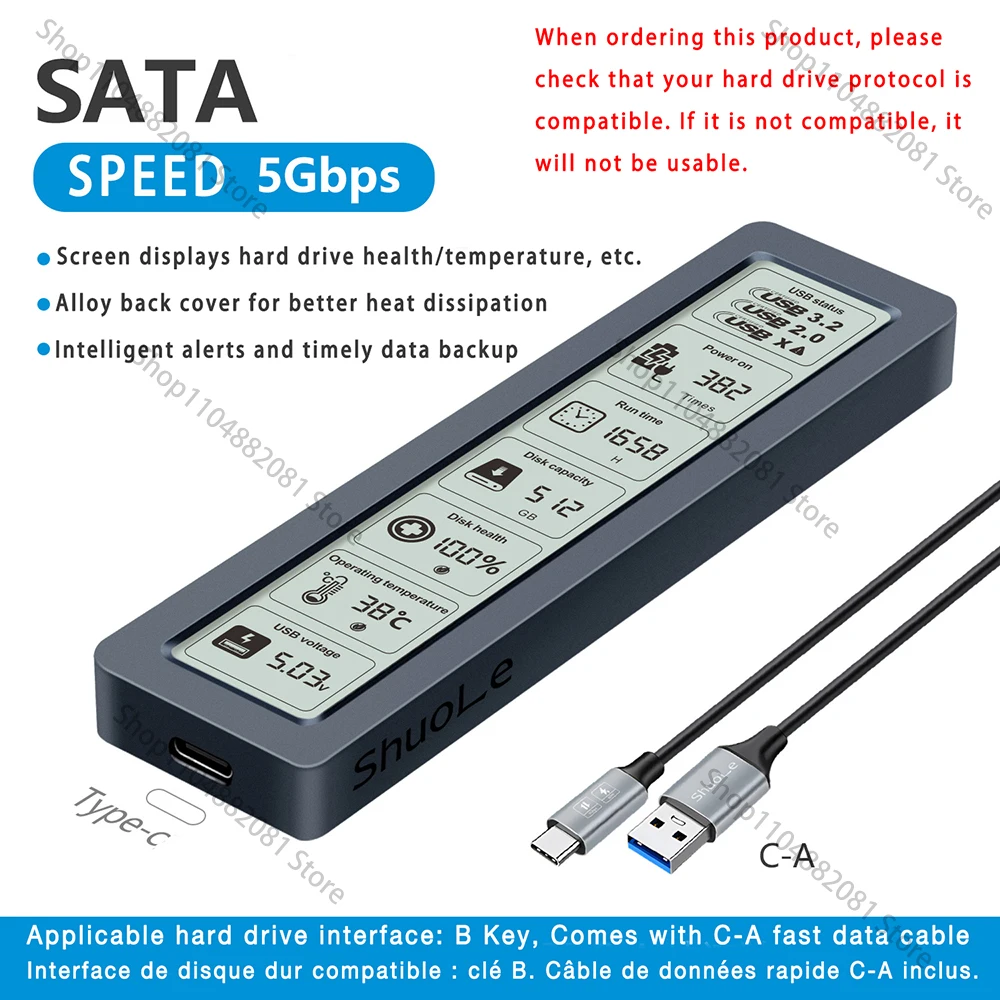 M2 SSD-behuizing NVMe SATA Dual Protocol 20 Gbps met scherm Intelligente digitale USB3.2 Gen2 Type C Disk Box M.2 SSD-behuizing