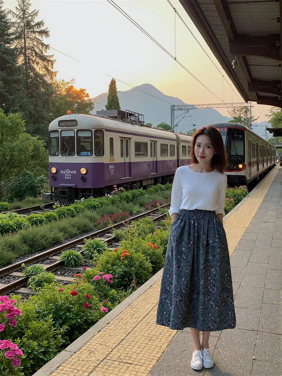 

Floral Printed A-line Skirts Womens Chiffon Layered Pleated Ruffle Hem Elastic Waist Flare Chic Elegant Bohemian Drape Soft