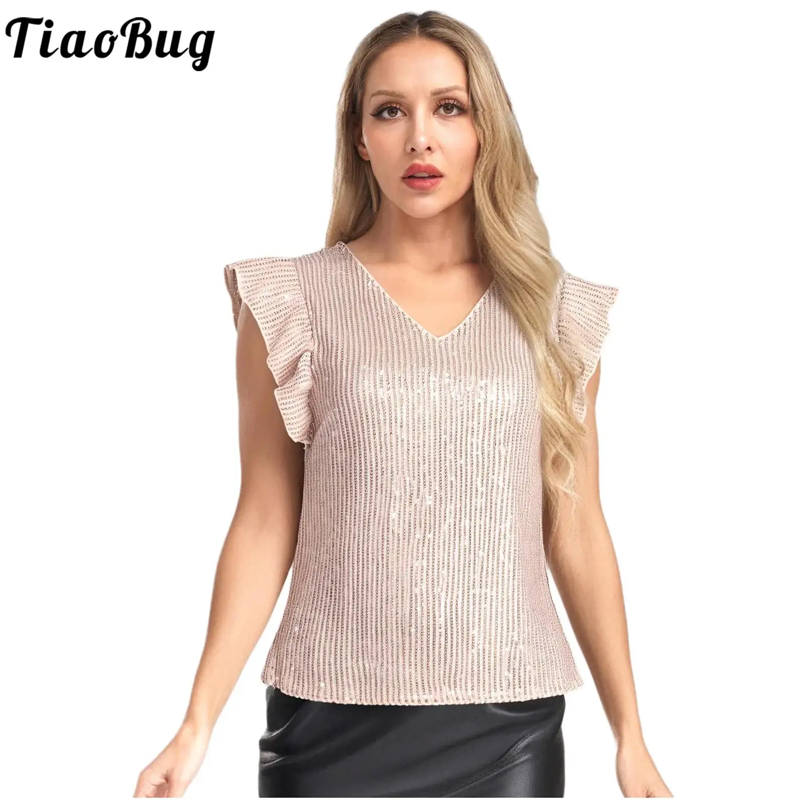 

Women Sparkly Sequin T-shirts with Lined Shiny V Neck Fly Sleeve Pullover Blouse Shirt Tank Top for Casual Daily Party Club