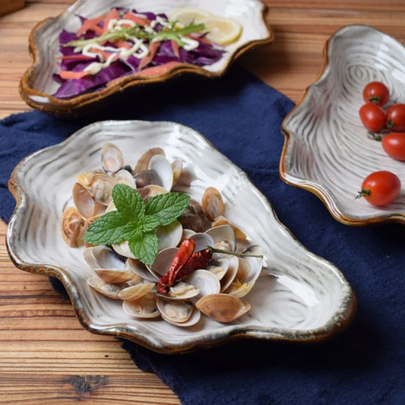 Creative Ceramic Oyster Plate Kiln Tableware, Sushi Sashimi Plate, Cold Dish, Salad Plates, Oyster Shell, Japanese Tableware