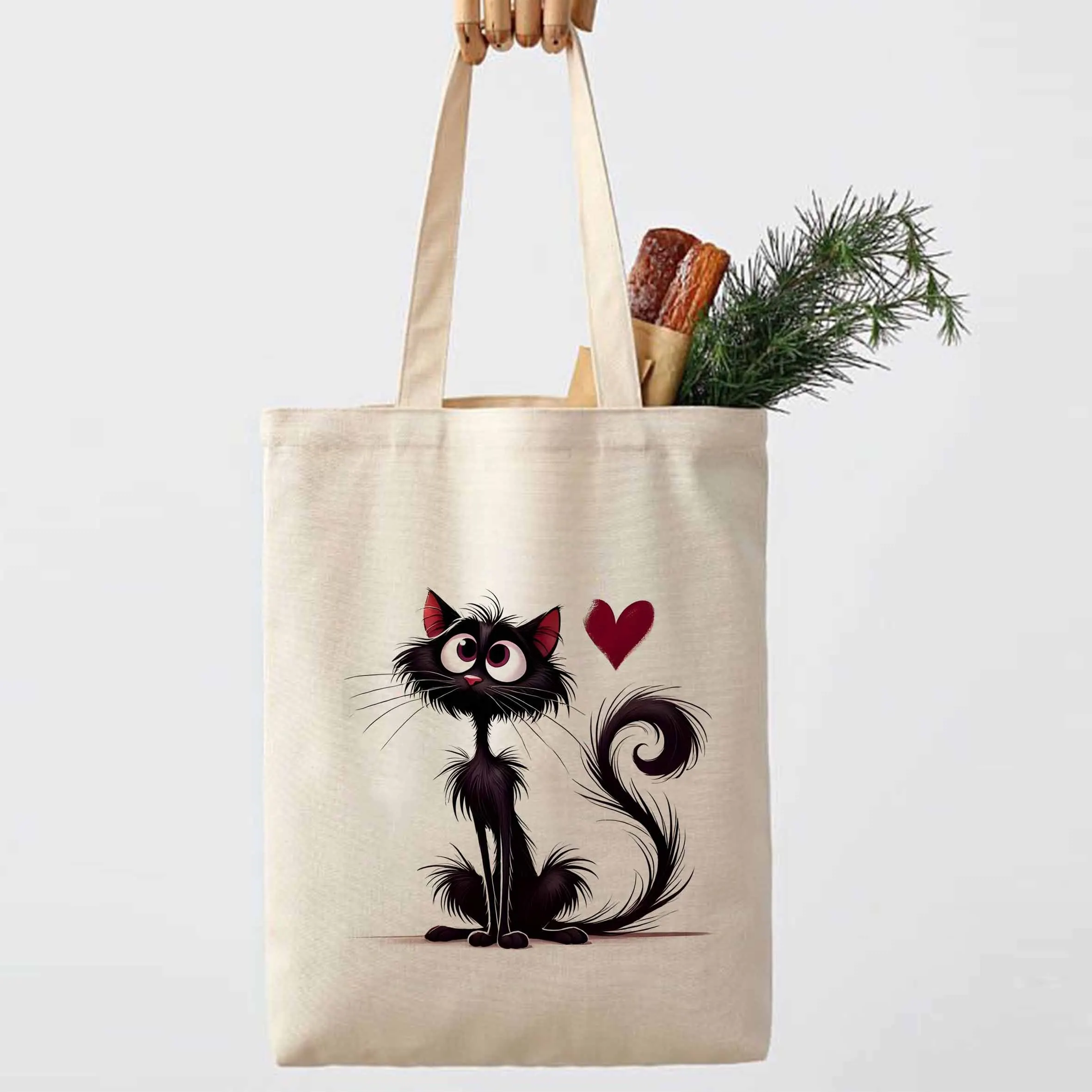 A Cartoon cat pattern printed canvas tote bag, suitable for 
