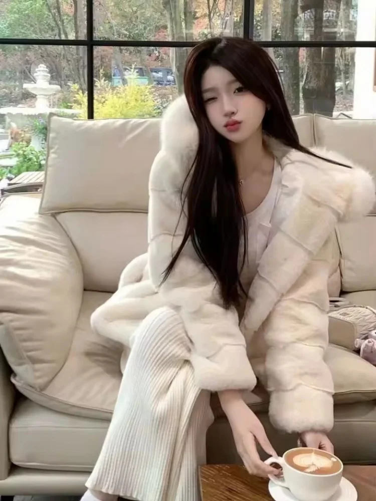 2025 Winter Eco-Friendly Mink Fur Collar Hooded Faux Fur Coat Warm Fluffy Overcoat  Women's Medium Length  Plush Outwear