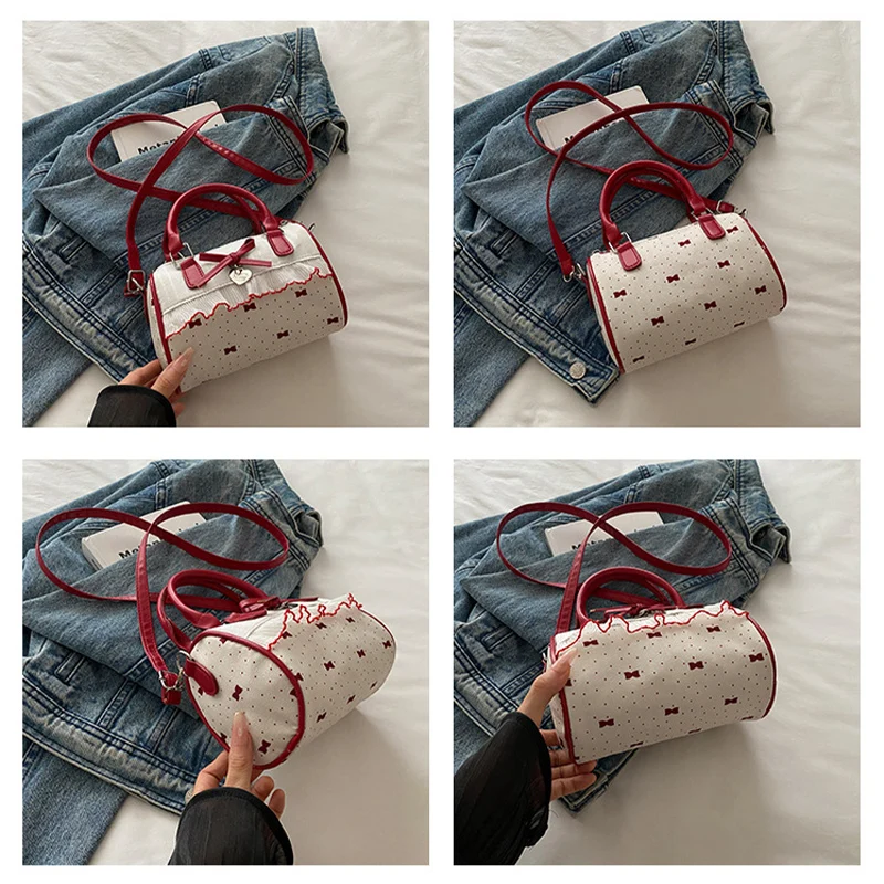 Koreanische Bogen Polka Dot Tasche Mode Bowler Tasche Farbe-blockiert Spitze Y2k Stil Handtasche Retro Süße Plaid Crossbody Zipper schulter Tasche – Detail 24