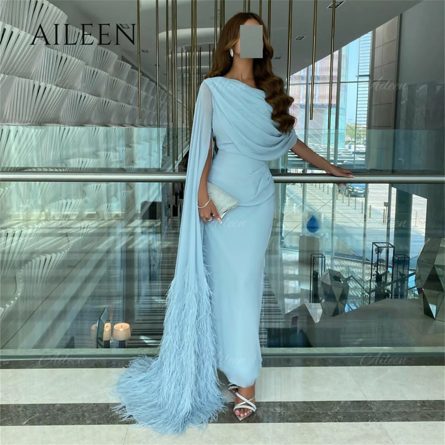 Prom Dress for Women Sky Blue Chiffon Dresses for Women Party Wedding Evening Gown Feather Tail Mermaid Robe Formal customized