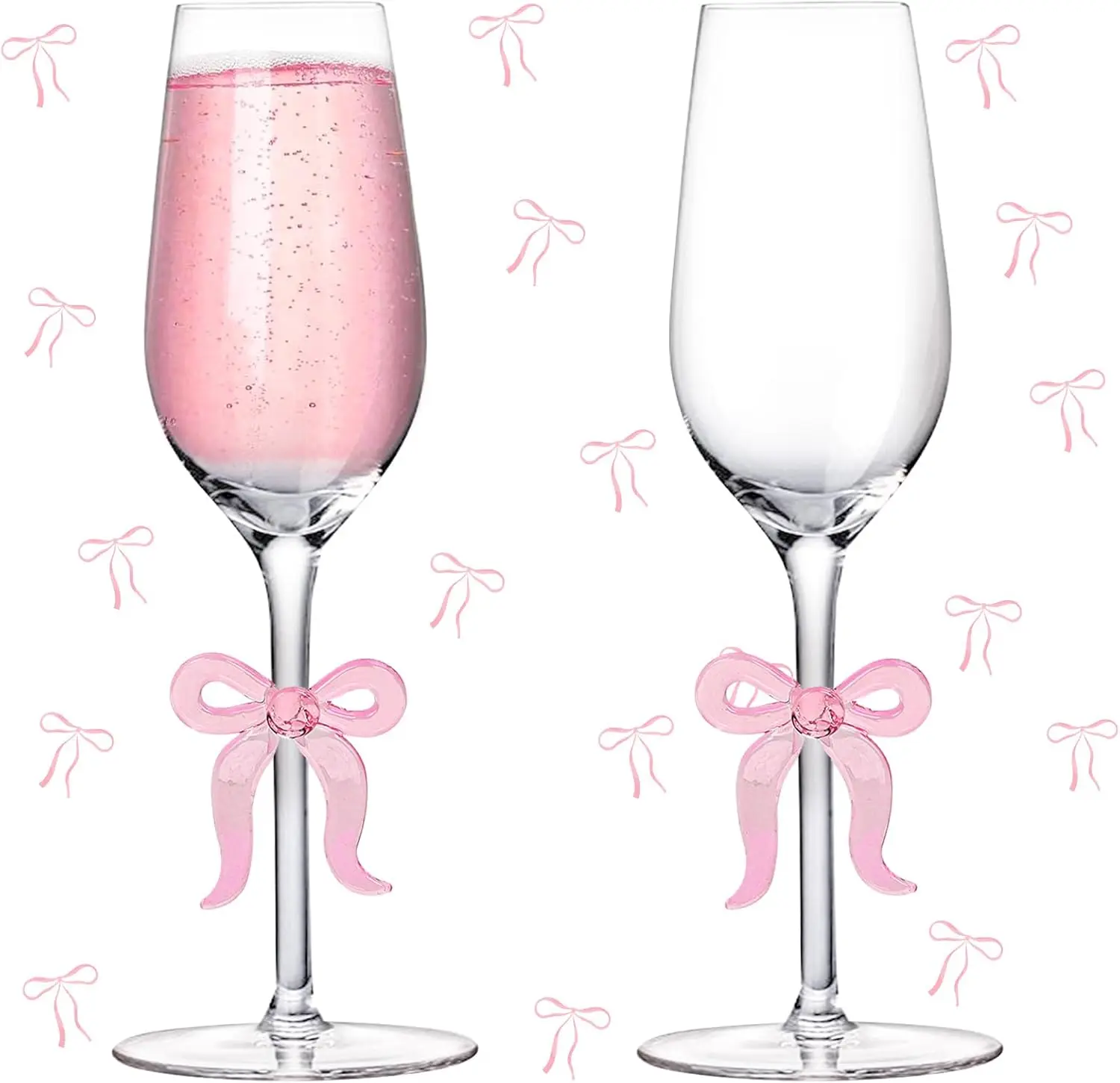 

Pink Bow Champagne Glasses Set of 2, Clear Cocktail Wine Flutes for Wedding, Bridal Shower, Bachelorette Party