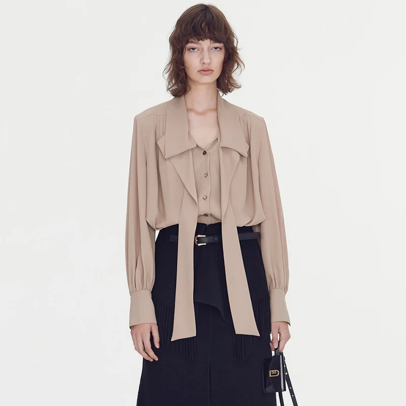 

2026 Spring Summer Women's Khaki Scarf Collar Shirt Korean Style Casual Long Sleeve Blouse