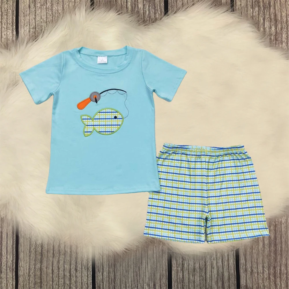 

Baby Boy Clothes Fashion Children Summer Set Toddler Kids Embroidery Fish Short Sleeves Tops Plaid Shorts Clothing Casual Outfit