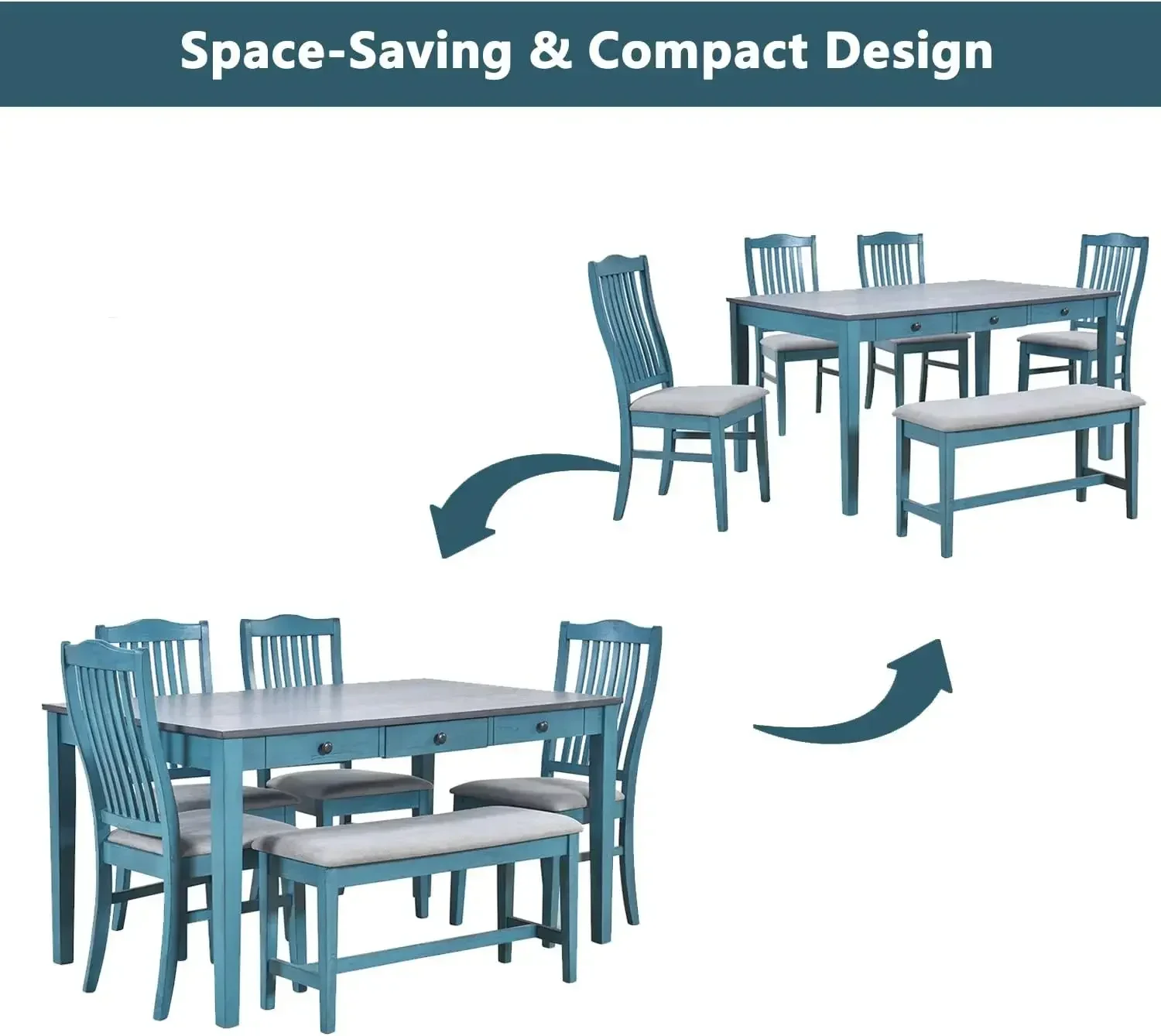 [Heißer Verkauf, jetzt kaufen! ]Esstisch-Set für 6 Personen mit Stühlen in Blau, 6-teiliges Küchentisch- und Bank-Set mit Schubladen, Bauernhaus