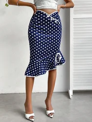 Vintage Navy Blue White Polka Dot Trumpet Maxi Skirt With Bow High Waist Fashion Bodycon Slim Fit Fishtail Skirt For Women Black