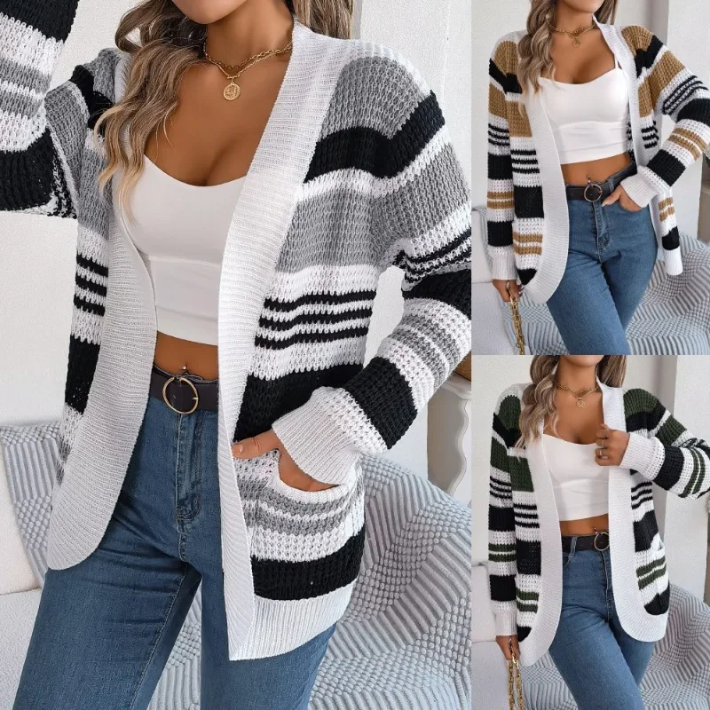 

2023 New Autumn and Winter Fashion Casual Contrast Stripe Pocket Long Sleeve Temperament Women's Sweater Cardigan Loose Coat