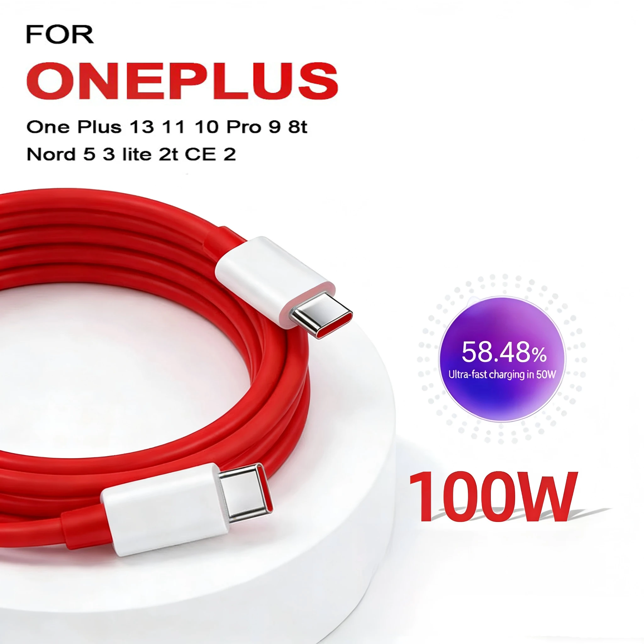 Cabo USB Tipo C 80W para Carregamento Rápido e Transferência de Dados para Oneplus 13, 13T, 11R, Nord 3, CE 2, 12, 12R, 10 Pro, 10R, 10T, Ace 3