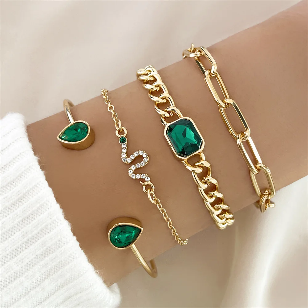 KMVEXO 4Pcs 5Pcs/Set Vintage Snake Bracelets Set for Women Geometric Heart Green Crystal Lady Cuff Chain Bracelet Bangle Jewelry