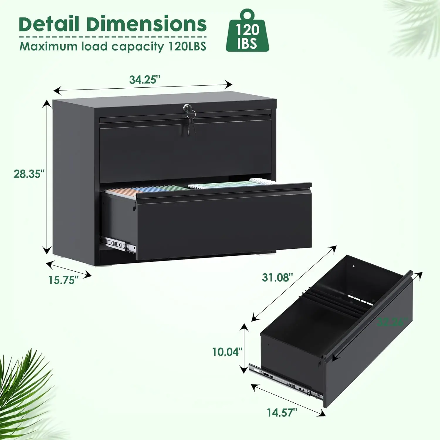 2 Drawer Wide Lateral File Cabinet, Metal Filing Cabinet with Lock, Suitable for Home Office School Hanging Files Letter/Legal/F