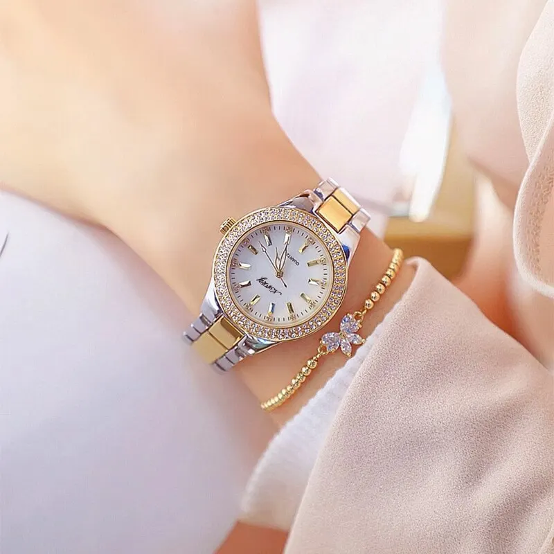 Jam tangan Goldn wanita, arloji Quartz kristal berlian bertatahkan, baja tahan karat perak tahan air