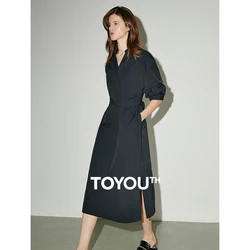 TOYOUTH Women Shirt  Dress 2024 Summer New V Turn Down Collar Half Lantern Sleeve Jacquard A-line Midi Dress With Waist Belt