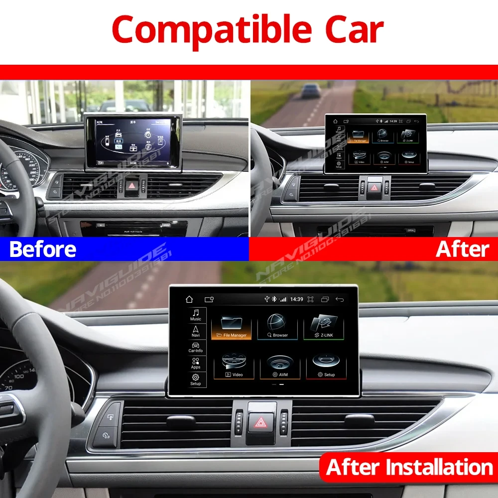 NAVIGUIDE 9'' Retracteble Screen Android 13 For Audi A6 C7 A7 2012-2018 Carplay Car Multimedia Video Player Auto Stereo BT GPS