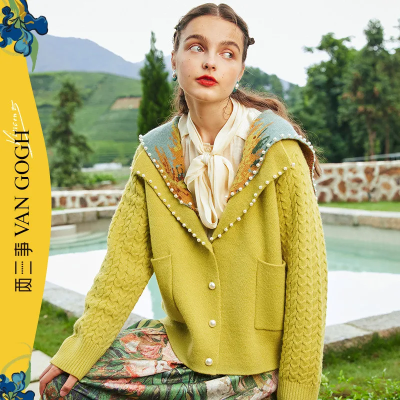 

Van Gogh-Inspired Beaded Cardigan: Summer Oil Painting V-Neck Knit Sweater for Women