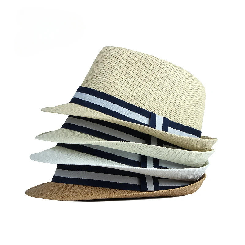 Summer Men\'s Jazz Hat British Retro Spy Hat Beach Casual Straw Woven Small Top Hat Female Stripe Belt Fedoras Hat Panama Cap