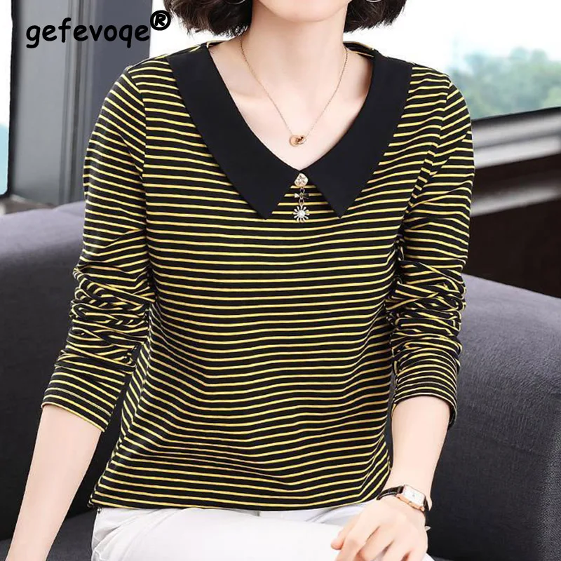 

Office Lady Solid Striped Printed T-shirt Spring Autumn 2022 New Long Sleeve Peter Pan Collar O-Neck Loose Tops Women's Clothing