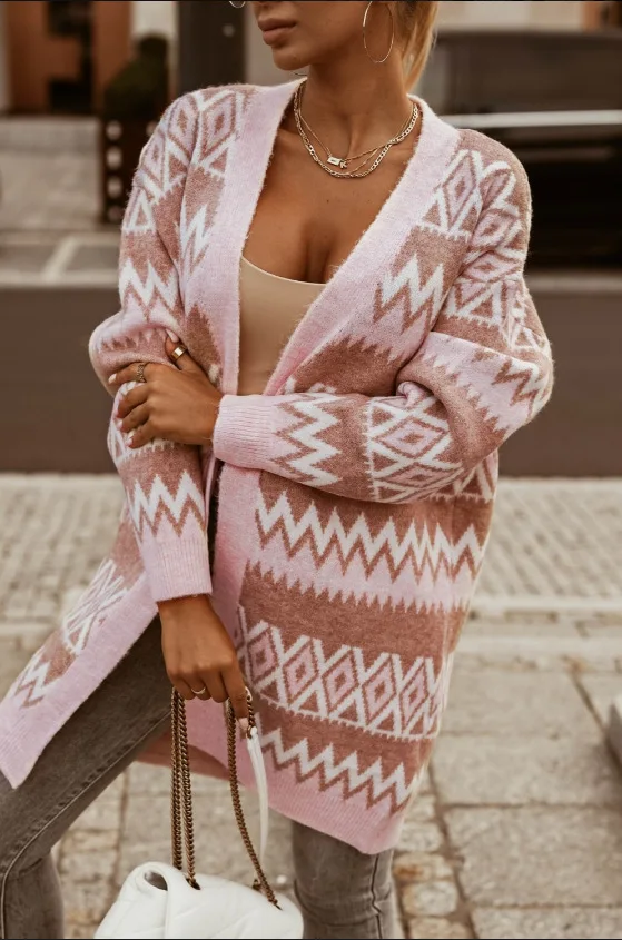 سترة نسائية منسوجة من Argyle معطف ميدي لصق كم كامل سترات غير رسمية معاطف سميكة أنيقة عتيقة للسيدات عادية