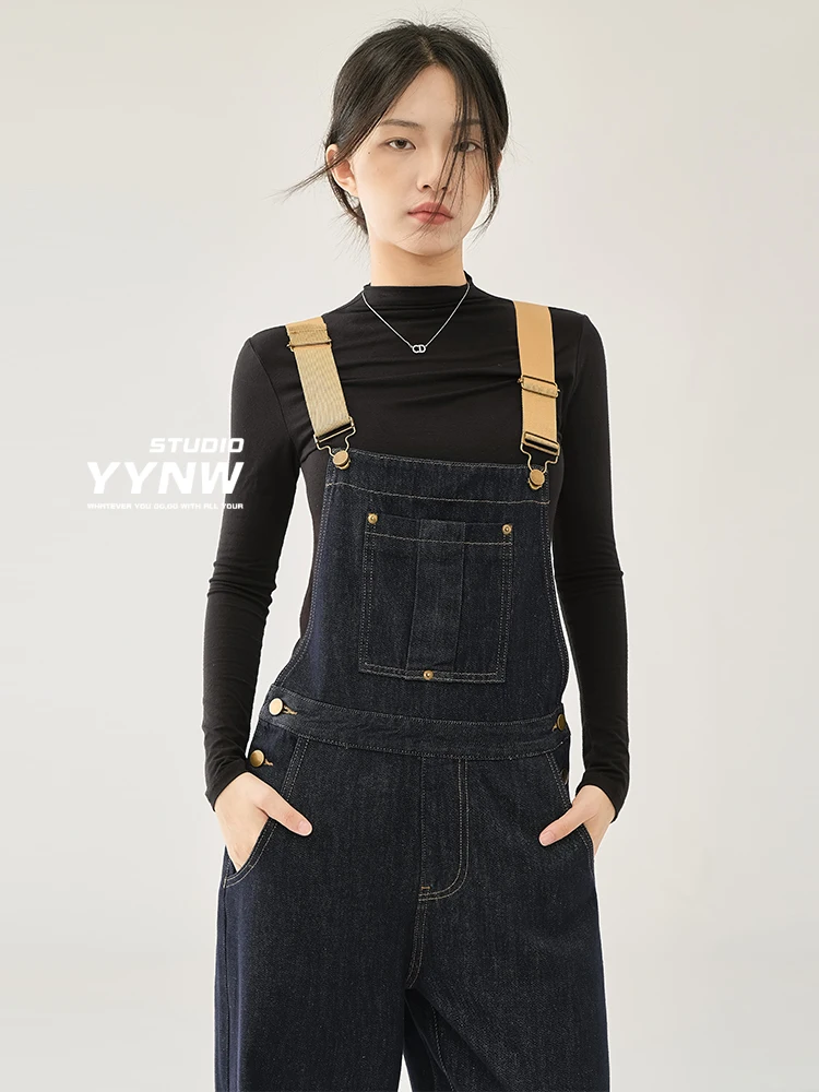 

Deep Blue Denim Overalls Women's High Waist Slim Straight Loose Wide Leg Floor Length Jumpsuits Cotton Autumn New Arrival