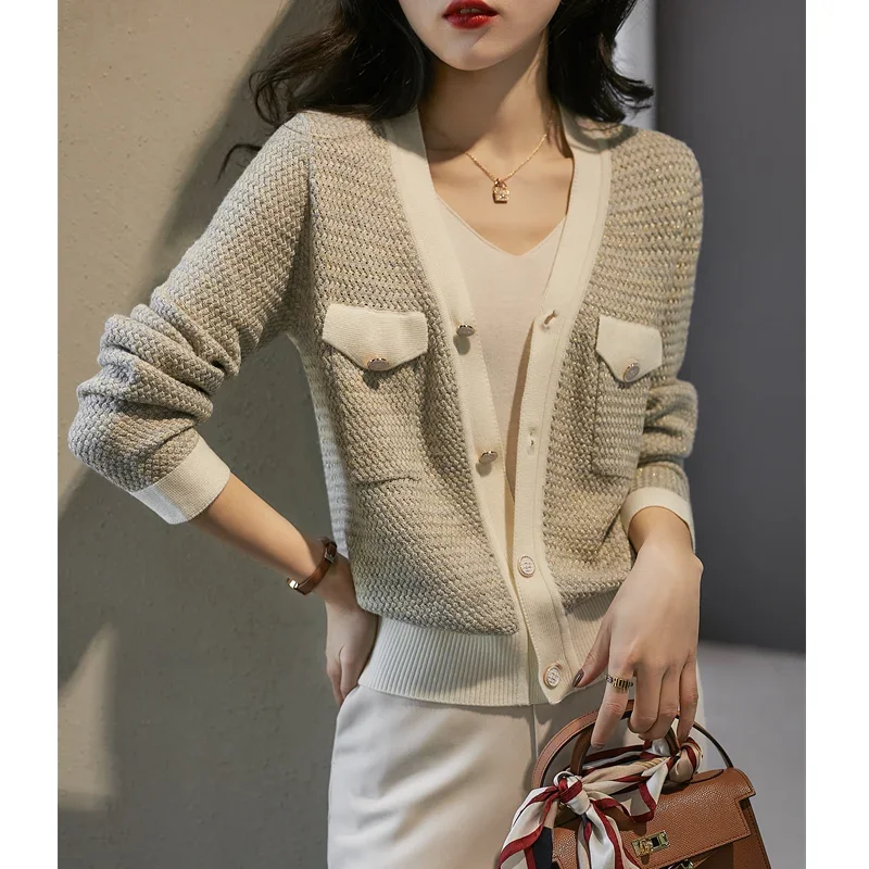 Temperament small fragrant wind cashmere knit cardigan female spring and autumn new V-neck jacket loose sweater thin wool coat