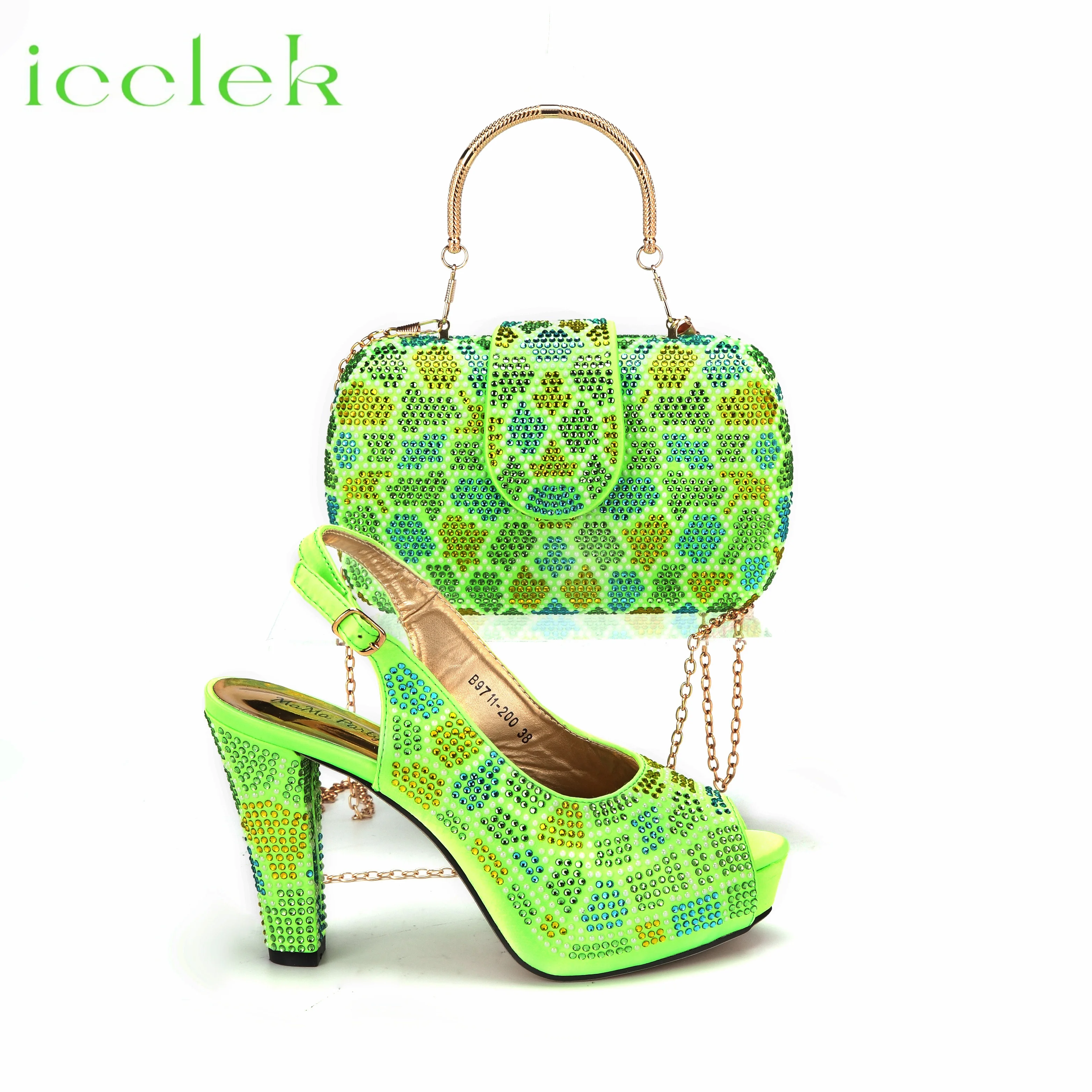 

2024 Special Fluorescent Green Mixed Color High Heel Sandals Shoes Martching Handal Bag For Party Women