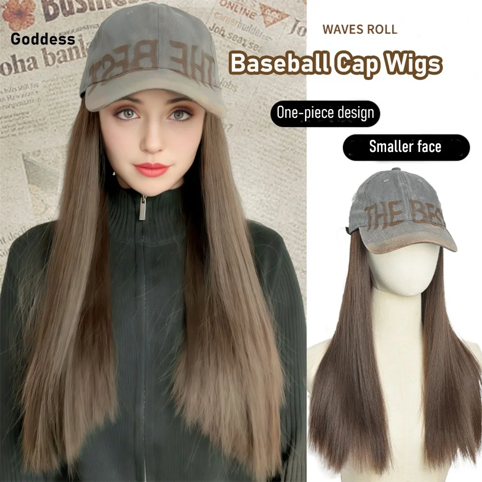 Synthetic18inch gray and blue ducktail cap long straight wig one piece hair extensions baseball cap daily party Christmas