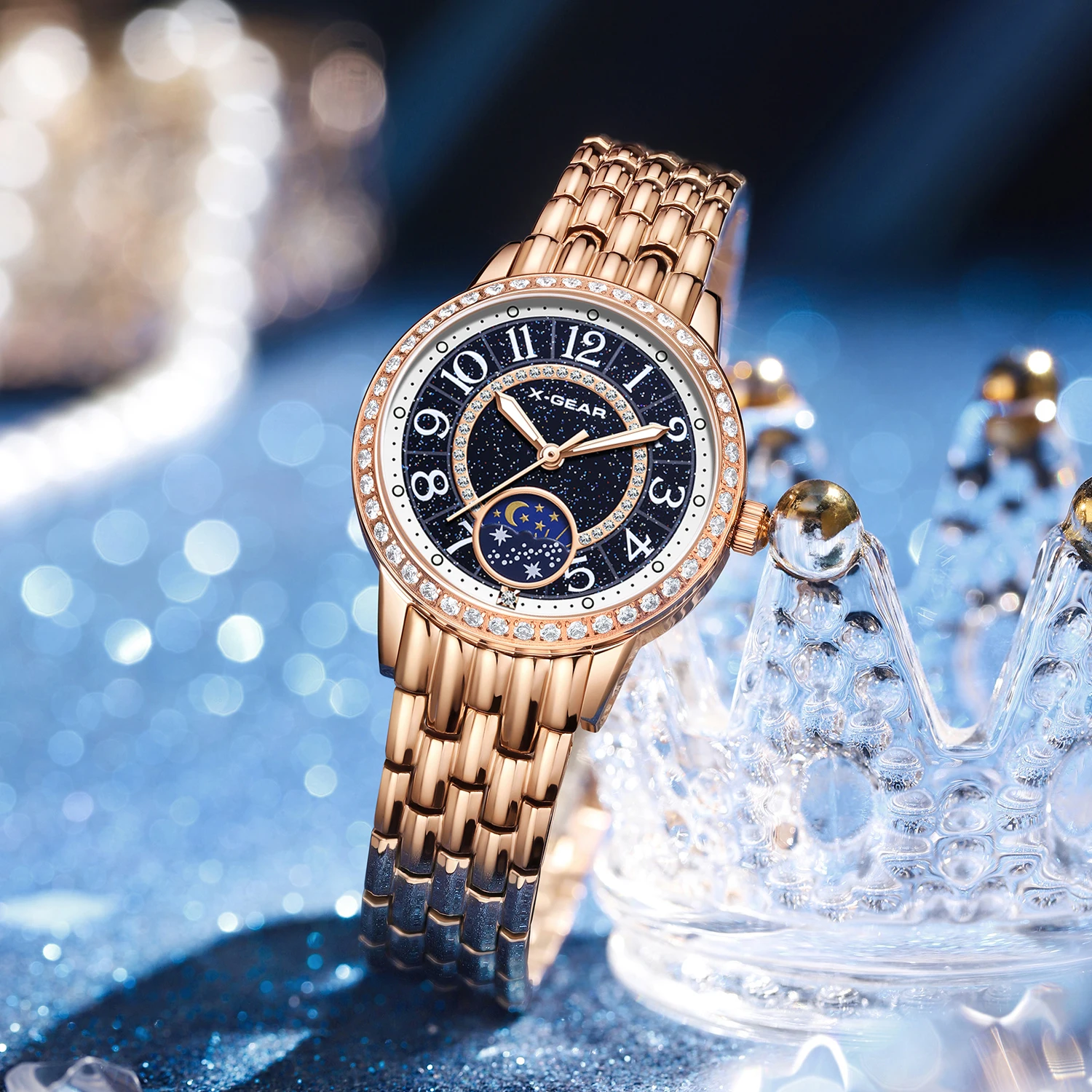 ساعة نسائية أنيقة ماسية مقاومة للماء من الفولاذ المقاوم للصدأ بحركة ميكانيكية ومينا نجمة الشمس والقمر #5