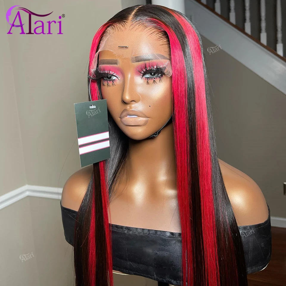 Perruque Lace Front Wig naturelle lisse, 13x4, 13x6, 5x5, mèches rouges et noires, transparente, pre-plucked