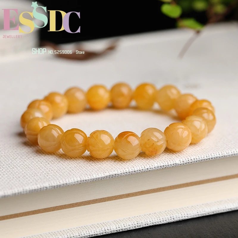 

Natural Myanmar Yellow Emerald Jade Gemstone Hand-made Lotus Bracelest For Women 10mm Beads Christmas Bracelet