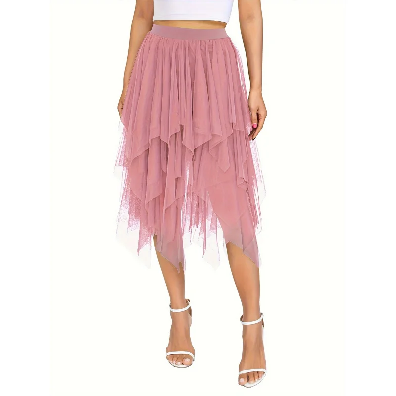 

Stylish Mesh Layered Tutu Skirt - Elegant Asymmetrical Elastic Waist, Breathable And Comfortable Skirt, Women'S Fashion Clothing