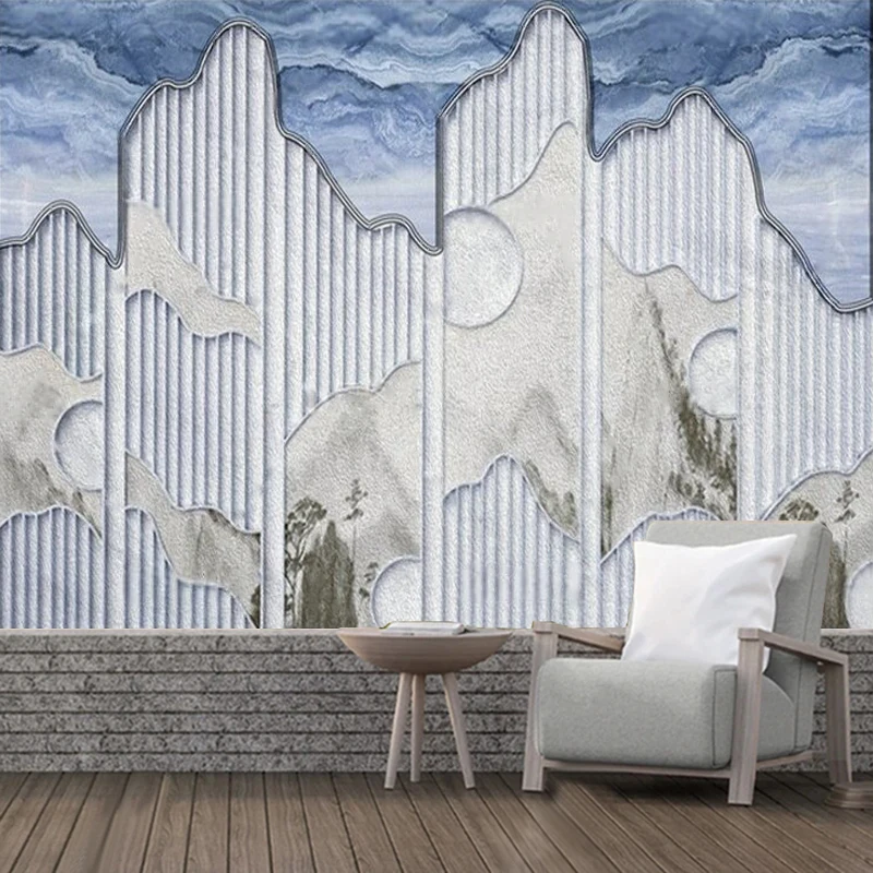 Modern Elegant And Simple Grand Geometric Blue Marble Screen Background Corridor Cabinet Bookstore Decoration Mural