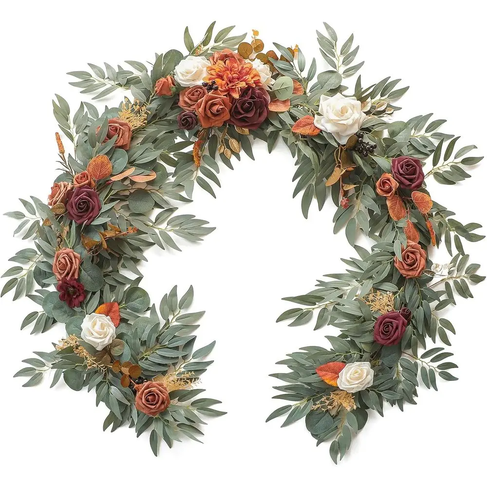 

6-Foot Artificial Eucalyptus Garland with Burnt Orange Florals for Weddings, Parties, and Centerpieces