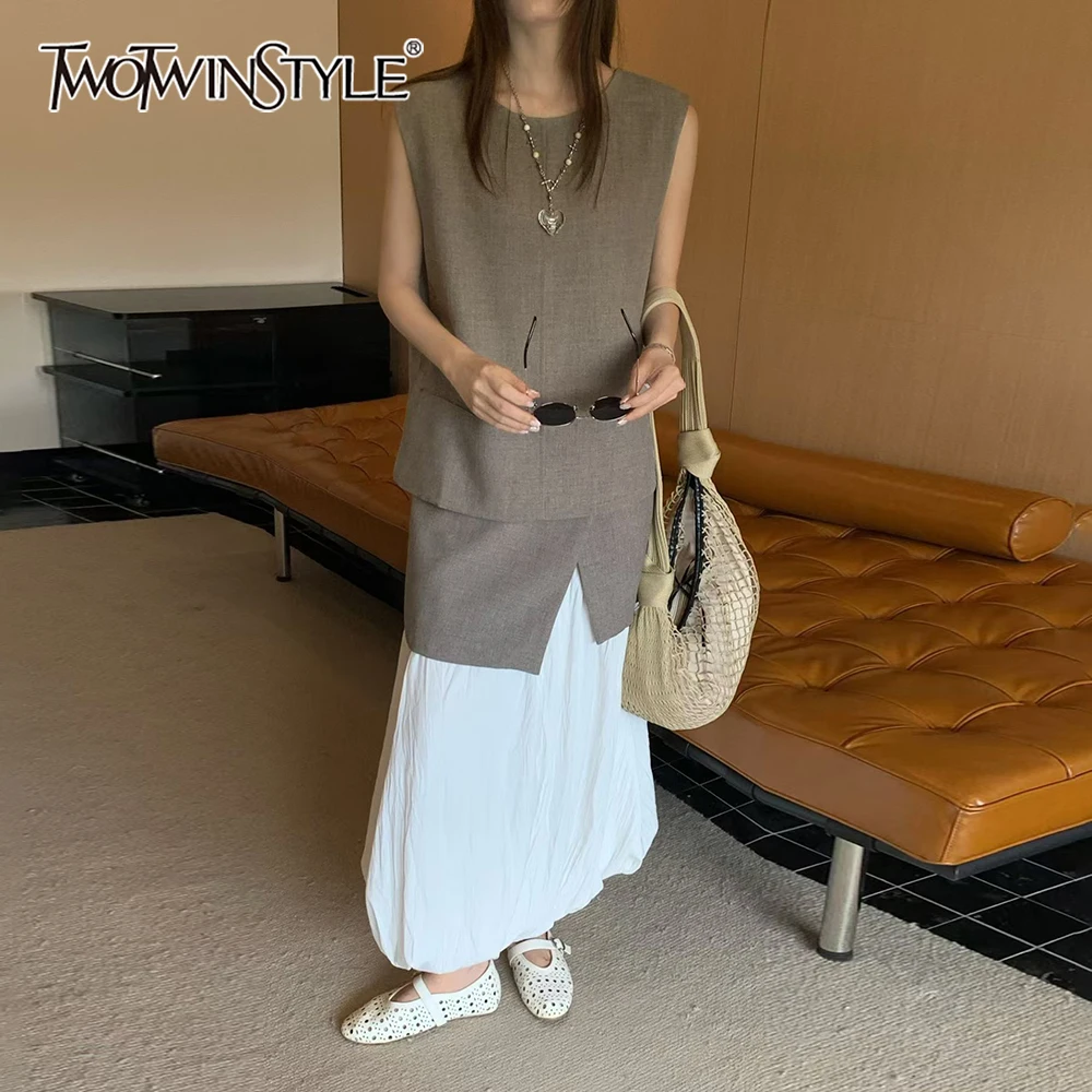 

TWOTWINSTYLE Hit Color Two Piece Sets for Women O Neck Sleeveless Vest High Waist A Line Skirt Casual Set Female Fashion Clothes