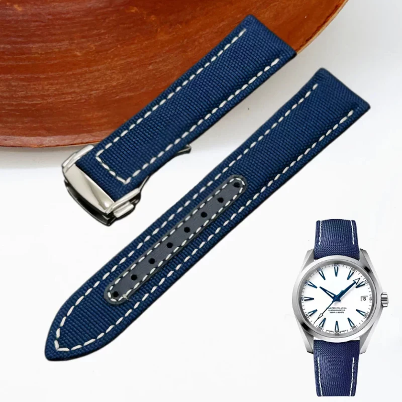 19mm 20mm Woven Canvas Watch Strap For Omega Seamaster 300 AT150 Fabric Leather Nylon AQUA TERRA 150 Blue Black Watchbands