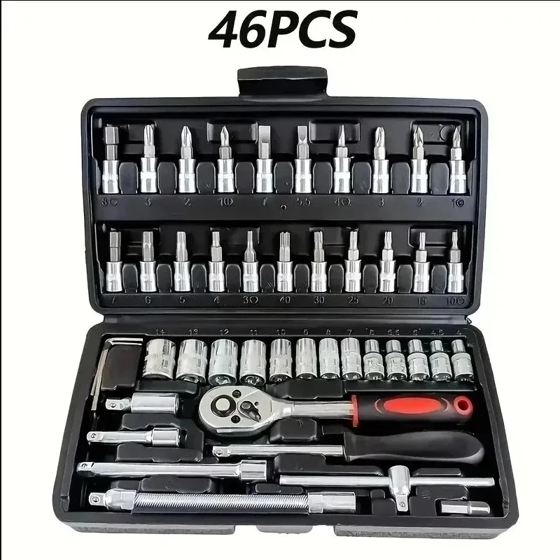 46pc Drive Socket Set 1/4 inch Ratchet Wrench Set with Sockets Metric Hex Bit Socket Set Mechanic Tool Kits for Hous Auto Repair