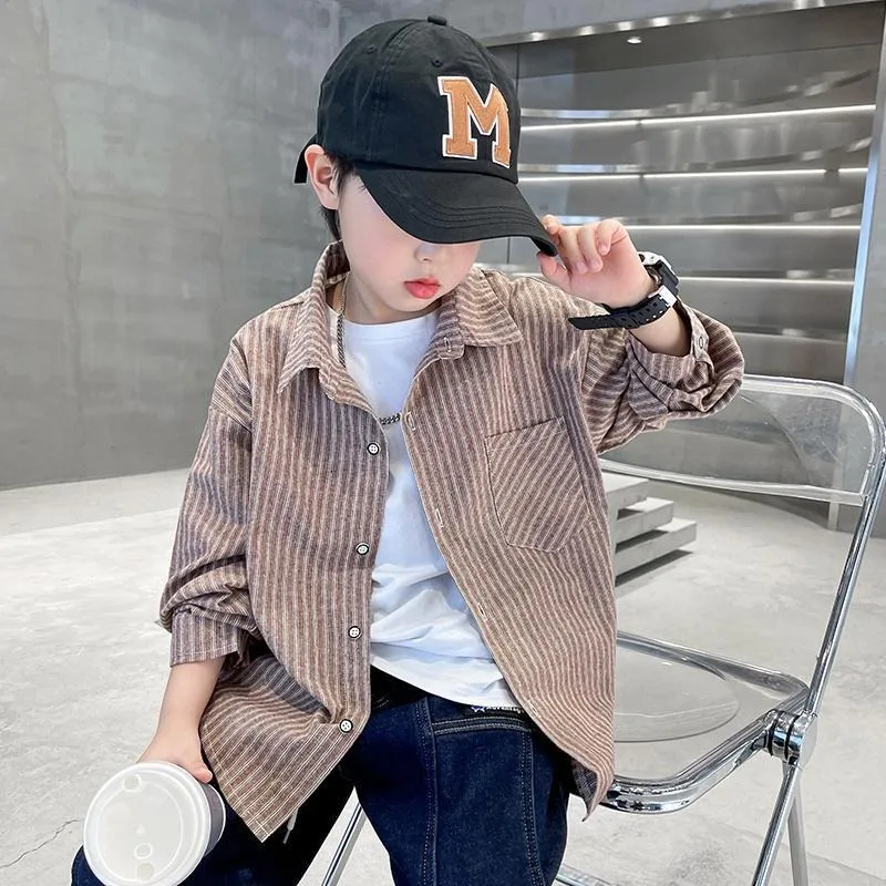 

Новинка 2023 года, полосатая рубашка с длинными рукавами для мальчиков, осенне-осенняя повседневная уличная одежда с воротником, модная детская рубашка 10 лет