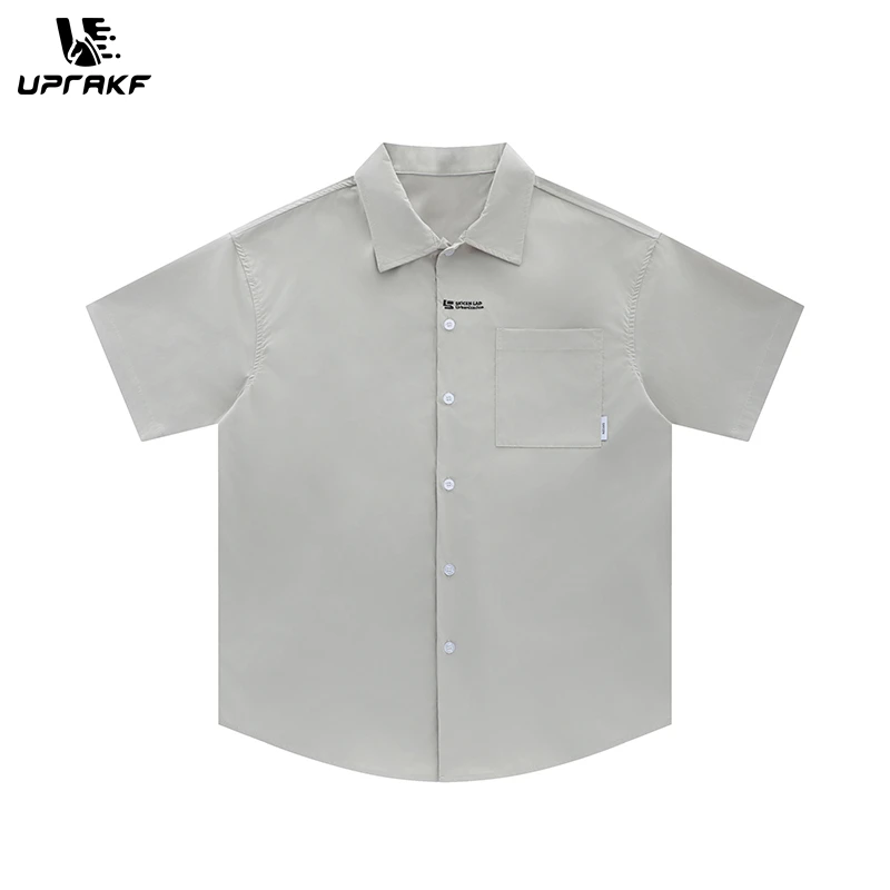 UPRAKF Front Pocket Pure Color Shirts Short Sleeve Oversize Button Tops Casual Summer Outwear Comfortable Trendy