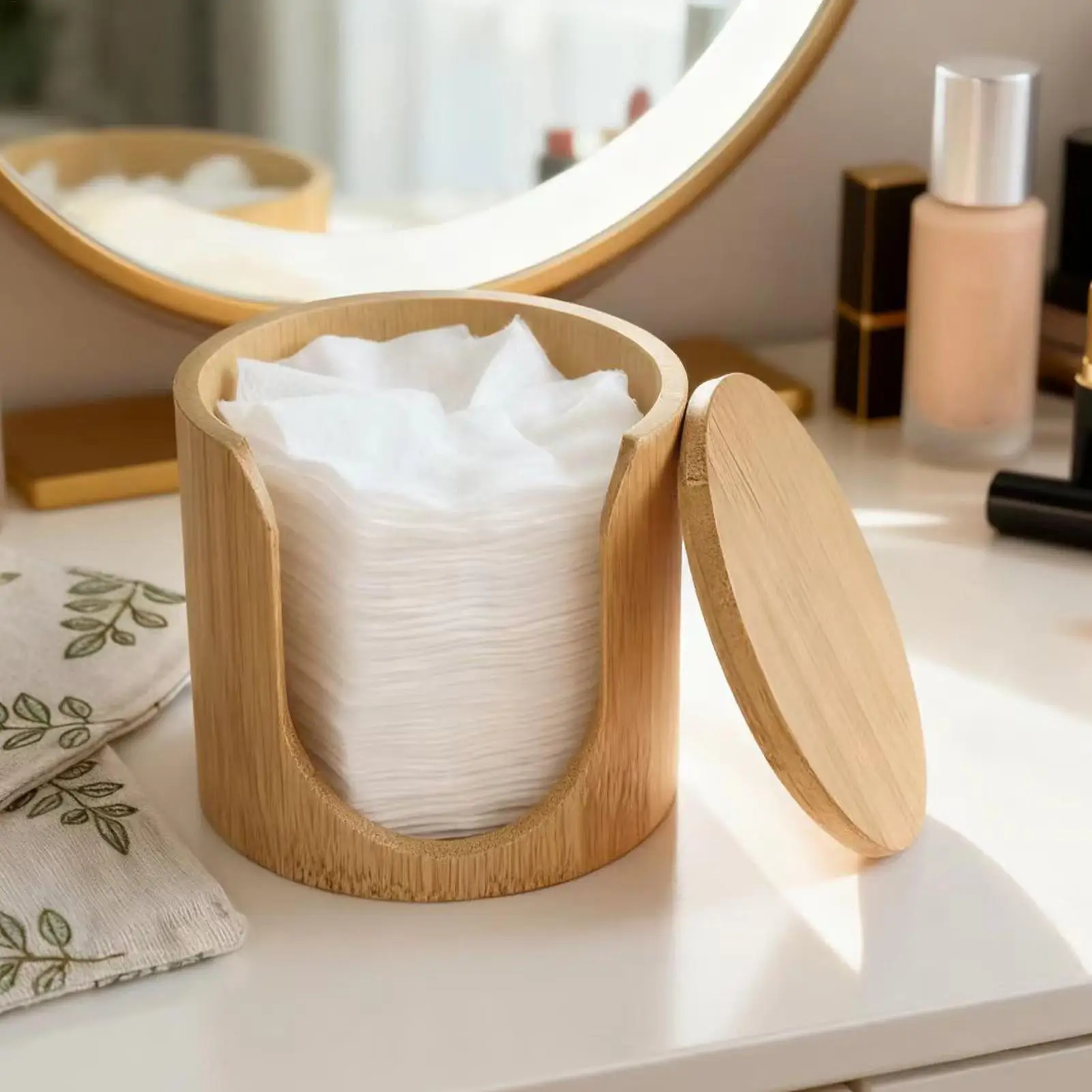 Cotton Rounds Holder Organizer Makeup Remover Pads Storage Box with Lid wood Vanity Table Organizer for Bathroom Bedroom