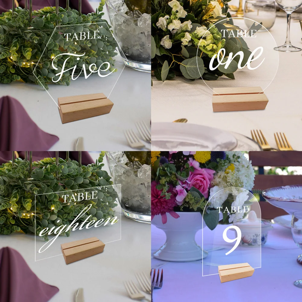 1Set Place Card Table Sign Holder W/ Wood Stand Clear Acrylic Table Sign Roman Numerals Reception Stand For Wedding Party Decor